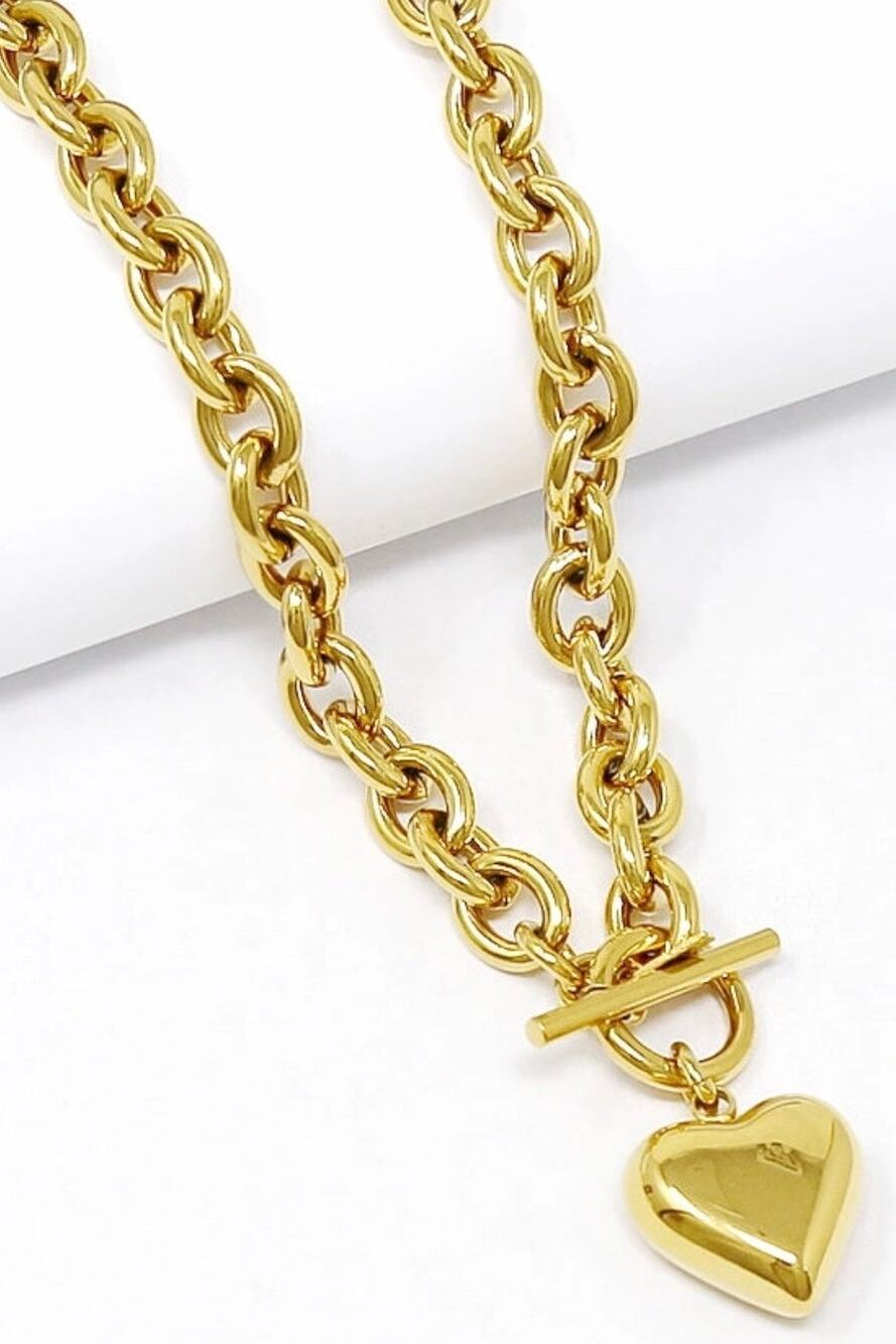 Heart Pendant Stainless Steel Toggle Necklace  
Gold Plated